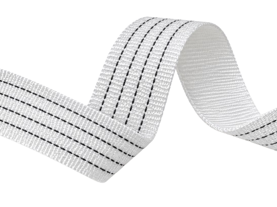 50mm 白底四條黑特多龍手拉器織帶產品圖，5000KG 高強度 Polyester 織帶