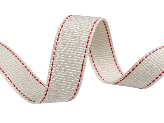 50mm 白底雙邊紅特多龍織帶產品圖，5000KG 高強度 Polyester 織帶